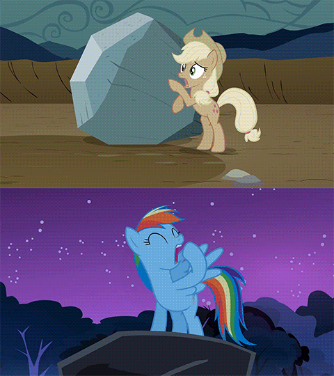 Size: 480x540 | Tagged: safe, screencap, character:applejack, character:rainbow dash, character:rarity, character:sweetie belle, character:tom, episode:sleepless in ponyville, episode:the return of harmony, g4, my little pony: friendship is magic, animated, comparison, discorded, kicking, martial artist rarity, runs in the family