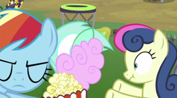 Size: 1124x627 | Tagged: safe, screencap, character:bon bon, character:lyra heartstrings, character:rainbow dash, character:sweetie drops, species:pony, episode:the washouts, g4, my little pony: friendship is magic, cotton candy, female, food, mare, not cool, popcorn, stealing