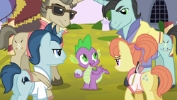 Size: 1280x720 | Tagged: safe, screencap, character:dee six, character:neckshot, character:polo play, character:spike, character:steeplechase, species:dragon, species:pony, species:unicorn, episode:princess spike, g4, my little pony: friendship is magic, background pony, female, las pegasus resident, male, mare, polo, sports, stallion