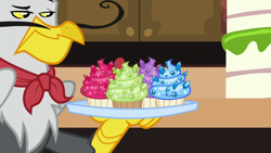 Size: 1280x720 | Tagged: safe, screencap, character:gustave le grande, species:griffon, episode:princess spike, g4, my little pony: friendship is magic, cupcake, facial hair, food, gustave le grande, male, moustache, sapphire, sapphire cupcake