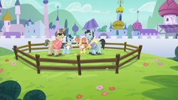 Size: 1280x720 | Tagged: safe, screencap, character:dee six, character:neckshot, character:polo play, character:steeplechase, species:pony, species:unicorn, episode:princess spike, g4, my little pony: friendship is magic, background pony, ball, canterlot, croquet mallet, female, fence, flower, las pegasus resident, male, mare, mouth hold, polo, polo player, polo shirt, popped collar, sports, stallion, sunglasses, unshorn fetlocks