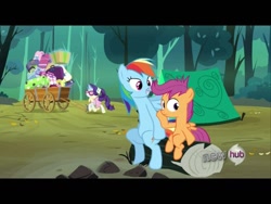 Size: 1024x768 | Tagged: safe, screencap, character:rainbow dash, character:rarity, character:scootaloo, species:pegasus, species:pony, episode:sleepless in ponyville, g4, my little pony: friendship is magic, animation error, camping outfit, glasses, grin, hub logo, looking at you, magic, messy mane, no eyelashes, scootaboy, smiling, wide eyes