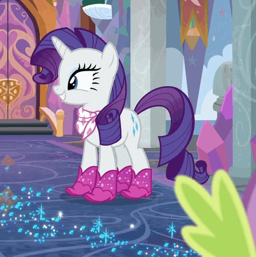 Size: 508x509 | Tagged: safe, screencap, character:rarity, character:spike, species:dragon, species:pony, species:unicorn, episode:the end in friend, g4, my little pony: friendship is magic, animated, bandana, boots, bucking, clothing, cowboy boots, cropped, cute, dawwww, excited, female, glitter, glitter boots, grin, happy, hnnng, hoofy-kicks, horses doing horse things, laughing, male, mare, neckerchief, open mouth, piaffe, prancing, raised hoof, raised leg, rarara, raribetes, school of friendship, shoes, silly, smiling, solo focus, sparkles, trotting, trotting in place, weapons-grade cute, winged spike