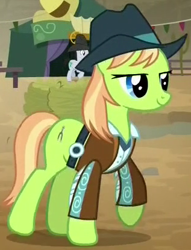 Size: 317x415 | Tagged: safe, screencap, character:yuma spurs, species:earth pony, species:pony, episode:princess spike, g4, my little pony: friendship is magic, appleloosa resident, background pony, clothing, cropped, female, hat, jacket, mare, solo focus