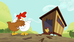 Size: 1280x720 | Tagged: safe, screencap, species:bird, species:chicken, episode:brotherhooves social, g4, my little pony: friendship is magic, animal, chicken coop, comforting, crying, hug
