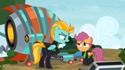 Size: 1366x768 | Tagged: safe, screencap, character:lightning dust, character:scootaloo, species:pegasus, species:pony, episode:the washouts, g4, my little pony: friendship is magic, duo, duo female, female, filly, foal, mare, pint-sized dynamite, rocket, spandex, washouts uniform