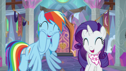 Size: 1280x720 | Tagged: safe, screencap, character:rainbow dash, character:rarity, species:pegasus, species:pony, species:unicorn, episode:the end in friend, g4, my little pony: friendship is magic, cute, dashabetes, duo, eyes closed, female, flying, happy, laughingmares.jpg, mare, open mouth, raribetes, smiling