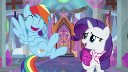 Size: 1280x720 | Tagged: safe, screencap, character:rainbow dash, character:rarity, species:pegasus, species:pony, species:unicorn, episode:the end in friend, g4, my little pony: friendship is magic, cute, dashabetes, duo, eyes closed, female, flying, happy, laughing, laughingmares.jpg, mare, open mouth, raribetes, smiling, spread wings, wings