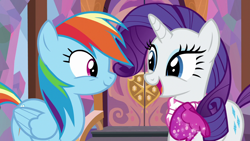 Size: 1280x720 | Tagged: safe, screencap, character:rainbow dash, character:rarity, species:pegasus, species:pony, species:unicorn, episode:the end in friend, g4, my little pony: friendship is magic, boots, duo, female, glitter boots, mare, neckerchief, open mouth, shoes, smiling