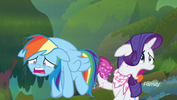 Size: 1920x1080 | Tagged: safe, screencap, character:rainbow dash, character:rarity, species:pegasus, species:pony, species:unicorn, episode:the end in friend, g4, my little pony: friendship is magic, boots, crying, duo, female, floppy ears, flying, glitter boots, mare, neckerchief, open mouth, shoes, tongue out
