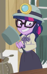 Size: 443x696 | Tagged: safe, screencap, character:twilight sparkle, character:twilight sparkle (scitwi), species:eqg human, episode:opening night, g4, my little pony:equestria girls, clothing, costume, cropped, grin, nervous, nervous grin, pot, smiling, solo