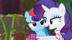 Size: 1920x1080 | Tagged: safe, screencap, character:rainbow dash, character:rarity, species:pegasus, species:pony, species:unicorn, episode:the end in friend, g4, my little pony: friendship is magic, bedroom eyes, boots, duo, female, glitter boots, mare, neckerchief, open mouth, shipping fuel, shoes
