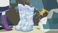 Size: 1280x720 | Tagged: safe, screencap, character:rarity, character:sunset shimmer, episode:opening night, g4, my little pony:equestria girls, bedazzled boot, boots, glitter, selfie soot, shoes