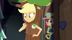 Size: 1280x720 | Tagged: safe, screencap, character:apple bloom, character:applejack, episode:opening night, g4, my little pony:equestria girls, apple tree, clothing, costume, opening night: applejack, tree, tree costume