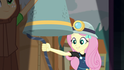 Size: 1280x720 | Tagged: safe, screencap, character:applejack, character:fluttershy, episode:opening night, g4, my little pony:equestria girls, bell, clothing, costume, helmet, miner, mining helmet, opening night: applejack, tree costume