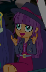 Size: 274x426 | Tagged: safe, screencap, character:ginger owlseye, episode:opening night, g4, my little pony:equestria girls, background human, clothing, cropped, cute, fedora, hat, jacket, open mouth, owlabetes, smiling