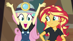 Size: 1280x720 | Tagged: safe, screencap, character:fluttershy, character:sunset shimmer, episode:opening night, g4, my little pony:equestria girls, arms in the air, headlamp, helmet, miner, mining helmet, opening night: sunset shimmer