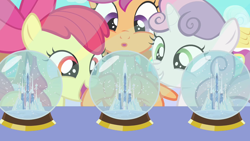 Size: 1280x720 | Tagged: safe, screencap, character:apple bloom, character:scootaloo, character:sweetie belle, species:pegasus, species:pony, episode:just for sidekicks, g4, my little pony: friendship is magic, crystal empire, cute, cutie mark crusaders, snow globe