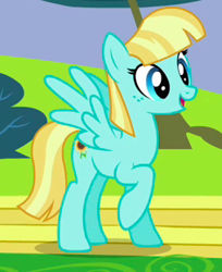Size: 254x312 | Tagged: safe, screencap, character:helia, species:pegasus, species:pony, episode:hurricane fluttershy, g4, my little pony: friendship is magic, background pony, cropped, female, mare, open mouth, raised hoof, smiling, solo, spread wings, wings