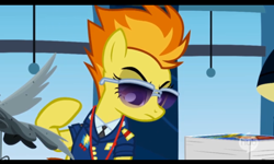 Size: 586x352 | Tagged: safe, screencap, character:spitfire, episode:wonderbolts academy, desk, lamp, office, raised eyebrow, spitfire's eyebrows, sunglasses, window