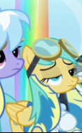 Size: 117x188 | Tagged: safe, screencap, character:cloudchaser, character:starry eyes, character:sunshower raindrops, species:pegasus, species:pony, episode:wonderbolts academy, background pony, female, goggles, mare, mid-blink screencap, rainbow waterfall, solo focus, wonderbolt trainee uniform