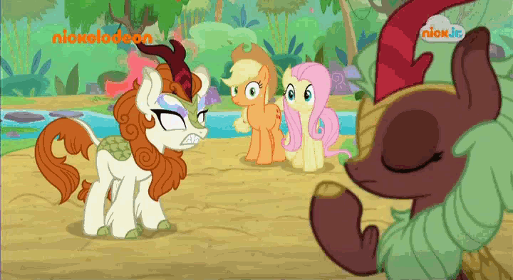Size: 720x394 | Tagged: safe, screencap, character:applejack, character:autumn blaze, character:cinder glow, character:fluttershy, character:summer flare, species:earth pony, species:kirin, species:pegasus, species:pony, episode:sounds of silence, g4, my little pony: friendship is magic, animated, animation error, background kirin, cloven hooves, duo, female, fire, logo, mare, nick jr., nickelodeon, nirik