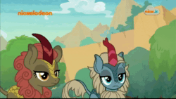 Size: 1024x576 | Tagged: safe, screencap, character:maple brown, character:rain shine, character:sparkling brook, species:kirin, episode:sounds of silence, g4, my little pony: friendship is magic, animated, background kirin, cute, emotionless, female, head tilt, logo, nick jr., nickelodeon, no sound, webm