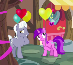 Size: 414x371 | Tagged: safe, screencap, character:amethyst star, character:royal riff, character:sparkler, species:earth pony, species:pony, species:unicorn, episode:the break up break down, background pony, balloon, cropped, dexterous hooves, duo, female, heart balloon, hoof hold, male, mare, ponies standing next to each other, royalstar, shipping fuel, smiling, stallion