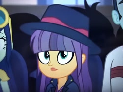 Size: 4032x3024 | Tagged: safe, screencap, character:ginger owlseye, episode:opening night, g4, my little pony:equestria girls, background human, clothing, cute, cyoa, fedora, hat, owlabetes