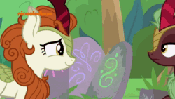 Size: 1920x1080 | Tagged: safe, screencap, character:autumn blaze, character:cinder glow, character:summer flare, species:kirin, episode:sounds of silence, g4, my little pony: friendship is magic, animated, background kirin, boop, charades, duo, female, no sound, webm
