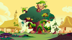 Size: 1440x807 | Tagged: safe, screencap, episode:owl's well that ends well, g4, my little pony: friendship is magic, season 1, background, beehive, building, dawn, golden oaks library, mostly sunny, no pony, ponyville, tree