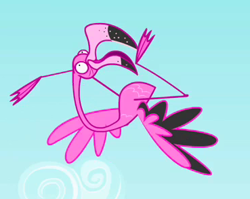 Size: 369x293 | Tagged: safe, screencap, species:bird, episode:may the best pet win, g4, my little pony: friendship is magic, animal, cropped, flamingo, open beak, spread wings, tumbling, upside down, wings