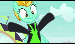 Size: 522x306 | Tagged: safe, screencap, character:lightning dust, species:pegasus, species:pony, episode:the washouts, g4, my little pony: friendship is magic, adorable face, clothing, cloud, cute, dustabetes, female, flag, happy, hug, mare, stadium, uniform, washouts uniform