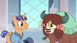 Size: 1280x720 | Tagged: safe, screencap, character:yona, species:pony, species:unicorn, species:yak, episode:a rockhoof and a hard place, g4, my little pony: friendship is magic, background pony, clothing, cloven hooves, duo, female, male, open mouth, polo shirt, shirt, stallion