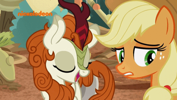 Size: 600x338 | Tagged: safe, screencap, character:applejack, character:autumn blaze, species:earth pony, species:kirin, species:pony, episode:sounds of silence, g4, my little pony: friendship is magic, animated, awwtumn blaze, butterfly, cute, dancing, duo, female, gif, good trick, i'd rather sing, mare, nickelodeon, nose in the air, spinning, volumetric mouth