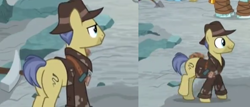 Size: 726x312 | Tagged: safe, screencap, character:rockhoof, species:earth pony, species:pony, episode:a rockhoof and a hard place, g4, my little pony: friendship is magic, clothing, cropped, facial hair, hat, indiana jones, indiana pones, male, solo focus, stallion