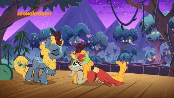 Size: 600x338 | Tagged: safe, screencap, character:cinder glow, character:fall flower, character:summer flare, character:winter flame, species:kirin, episode:sounds of silence, g4, my little pony: friendship is magic, a kirin tale, animated, background kirin, clothing, dress, female, floral head wreath, flower, gif, heart, jealous, kirin village, loop, love triangle, mask, nickelodeon, opera, perfect loop, phantom of the opera, stage