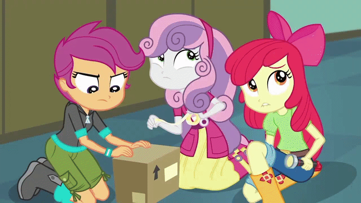 Size: 720x404 | Tagged: safe, screencap, character:apple bloom, character:applejack, character:cranky doodle donkey, character:scootaloo, character:sweetie belle, species:pegasus, species:pony, episode:happily ever after party, g4, my little pony:equestria girls, animated, apple bloom's bow, boots, bow, box, clothing, cutie mark crusaders, female, flashlight (object), geode of super strength, hair bow, happily ever after party: applejack, jeans, lip bite, male, pants, projector, shoes, sitting, skirt, stealing, tape