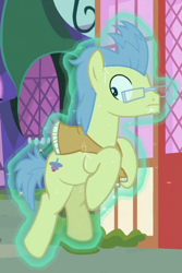 Size: 376x563 | Tagged: safe, screencap, species:earth pony, species:pony, episode:fame and misfortune, g4, my little pony: friendship is magic, background pony, clothing, cropped, glasses, magic, magic aura, male, stallion, sweater, telekinesis, winter wisp