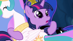 Size: 1280x720 | Tagged: safe, screencap, character:princess celestia, character:princess luna, character:twilight sparkle, character:twilight sparkle (alicorn), species:alicorn, species:pony, episode:princess twilight sparkle, g4, my little pony: friendship is magic, big crown thingy, crown, duo, eye sparkles, female, hug, jewelry, mare, open mouth, regalia, thousand yard stare, wingding eyes