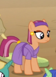 Size: 188x261 | Tagged: safe, screencap, character:aroma hathor, character:nile faras, species:earth pony, species:pony, episode:a rockhoof and a hard place, g4, my little pony: friendship is magic, background pony, ear piercing, eyeliner, female, headband, iahjmehet, low quality, lunar bay, makeup, mare, piercing, solo focus, somnambula (location), somnambula resident, unnamed pony