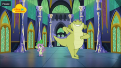 Size: 1024x576 | Tagged: safe, screencap, character:sludge, character:spike, species:dragon, episode:father knows beast, g4, my little pony: friendship is magic, dancing, duo, eyes closed, logo, male, nick jr., twilight's castle, winged spike