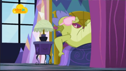 Size: 1024x576 | Tagged: safe, screencap, character:sludge, species:dragon, episode:father knows beast, g4, my little pony: friendship is magic, logo, male, nick jr., sleep mask, sleeping, solo