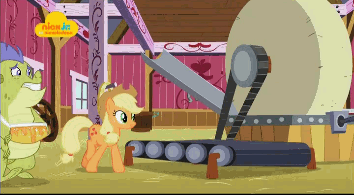 Size: 720x396 | Tagged: safe, screencap, character:applejack, character:big mcintosh, character:sludge, species:dragon, species:earth pony, species:pony, episode:father knows beast, g4, my little pony: friendship is magic, angry, animated, apple, applejack is not amused, cider, cider press, crash, female, food, jackabuse, lazy, logo, mare, nick jr., silly, silly pony, sin of gluttony, sin of sloth, treadmill, unamused