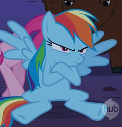 Size: 285x295 | Tagged: safe, screencap, character:rainbow dash, species:pegasus, species:pony, episode:over a barrel, g4, my little pony: friendship is magic, cropped, crossed arms, female, grumpy, hub logo, mare, solo focus