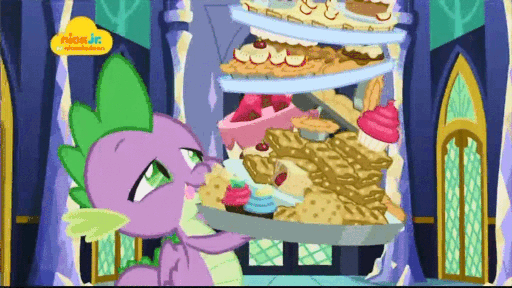 Size: 512x288 | Tagged: safe, screencap, character:spike, character:twilight sparkle, character:twilight sparkle (alicorn), species:alicorn, species:dragon, species:pony, episode:father knows beast, g4, my little pony: friendship is magic, animated, apple, apple pie, bump, cake, claws, cupcake, dessert, egg, food, gif, logo, muffin, nick jr., pie, spike running into twilight's rear, spikeabuse, winged spike