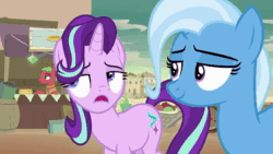 Size: 1280x720 | Tagged: safe, screencap, character:starlight glimmer, character:trixie, species:earth pony, species:pony, species:unicorn, episode:on the road to friendship, animated, background pony, female, food, frown, fruit, glare, glowpaz, gritted teeth, male, mare, pancakes, smiling, somnambula (location), sound, stallion, stand, unsure, webm