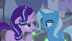 Size: 1280x720 | Tagged: safe, screencap, character:starlight glimmer, character:trixie, species:pony, species:unicorn, episode:on the road to friendship, angry, animated, duo, female, frown, glare, glowpaz, irritated, mare, night, sad, somnambula (location), sound, stand, webm