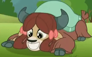 Size: 312x194 | Tagged: safe, screencap, character:gallus, character:yona, species:griffon, species:yak, episode:school raze, g4, my little pony: friendship is magic, animated, cloven hooves, cropped, cute, female, gif, kissing, solo focus, yonadorable