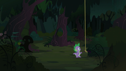 Size: 1280x720 | Tagged: safe, screencap, character:spike, species:dragon, episode:spike at your service, g4, my little pony: friendship is magic, everfree forest, forest, lost, male, rope, scared, solo